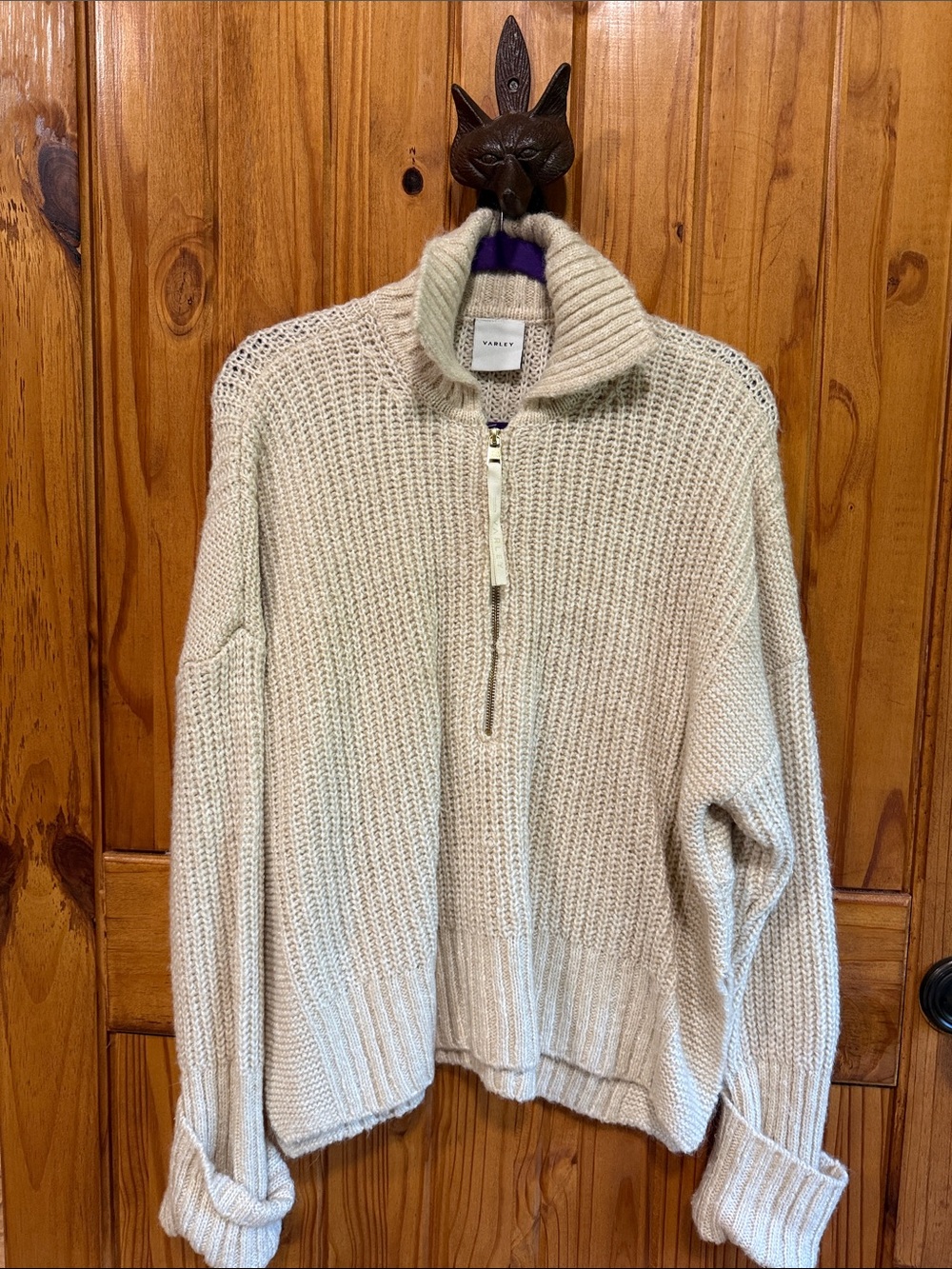 Varley Neutral Cream Zip-Front Chunky Turtleneck Sweater